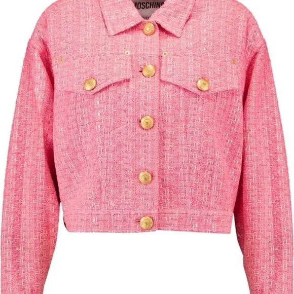 MOSCHINO COUTURE RAFFIA BOUCLE PINK TWEED JACKET SKIRT SET 2017 RUNWAY SZ 8